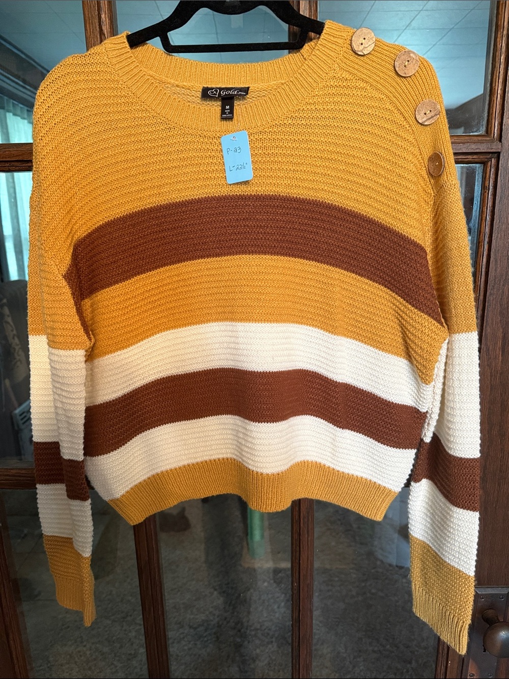 L.A. Gold Mustard Yellow Striped Button Shoulder Textured Knit Sweater Womens M